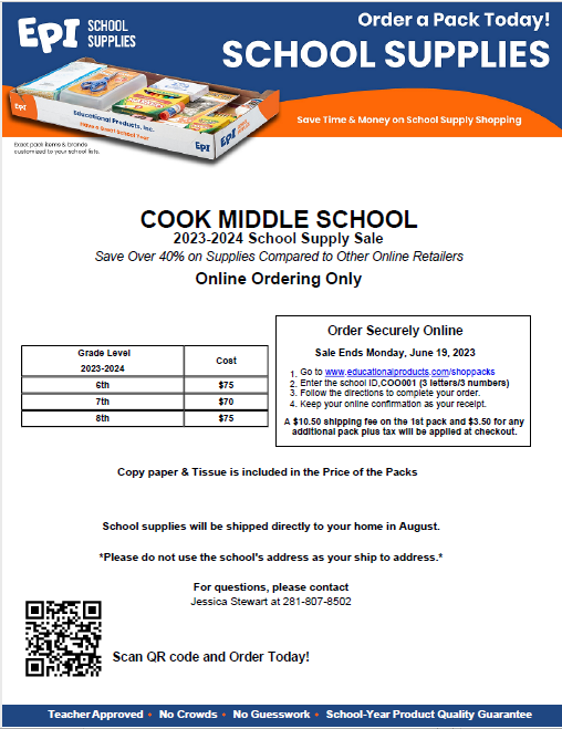 Order supply packs online through EPI School Supplies. Use School ID COO001.